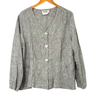 Flax Heathered Black Linen Button Down Blouse Jacket Pockets Lagenlook Size L